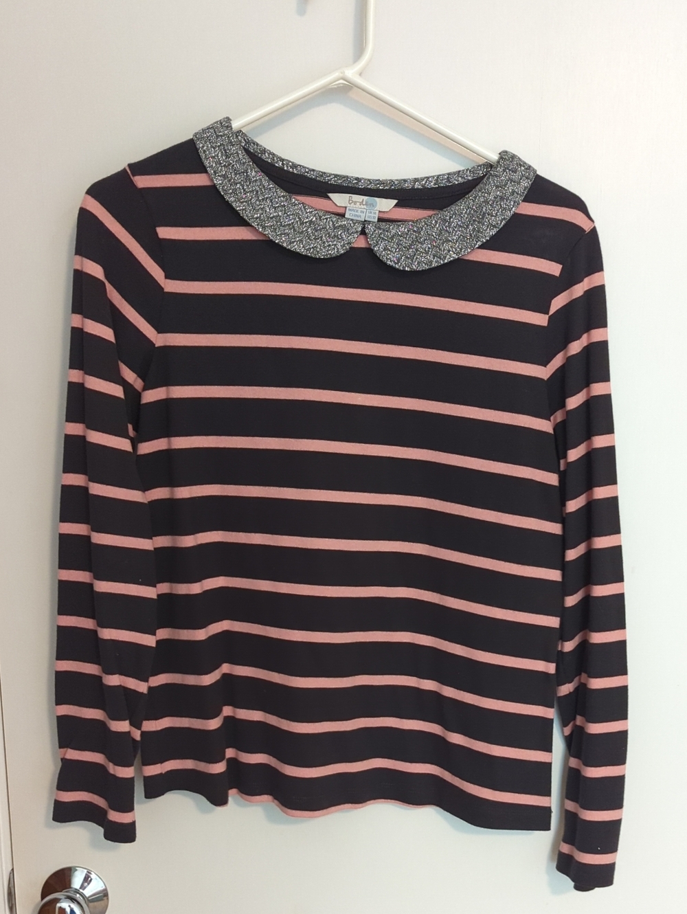 Boden Pink and Brown Striped Long-Sleeve Top with Sparkle Peter Pan Collar